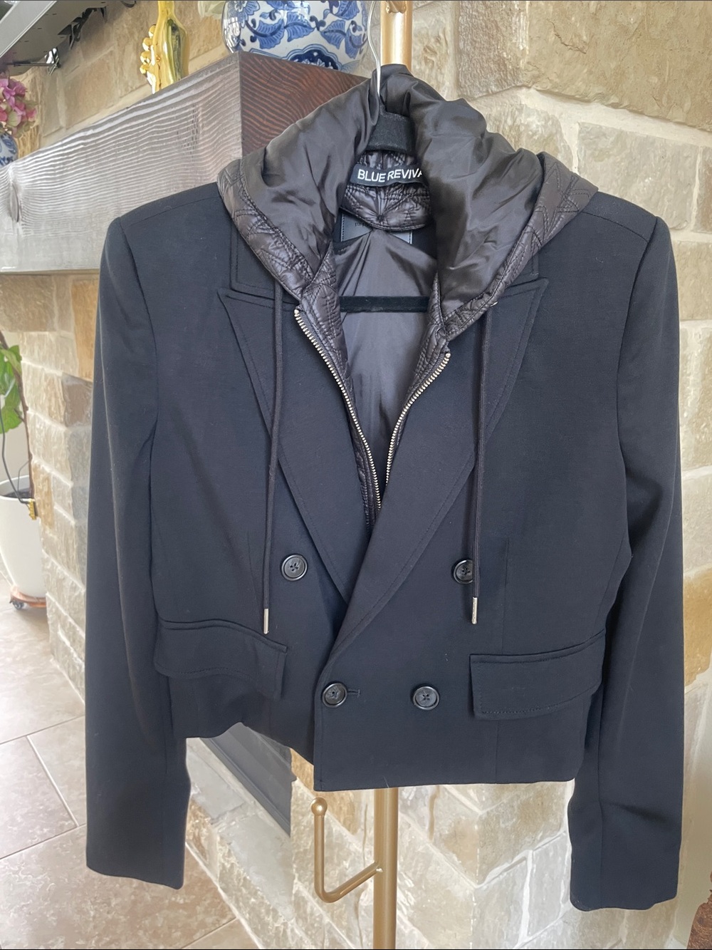 Blue Revival Women's Black Double-Breasted Cropped Blazer with Puffer Hood